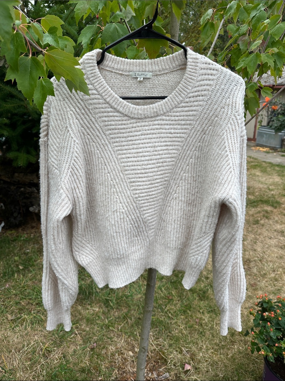 Z Supply Cream Ribbed V-Detail Crewneck Sweater